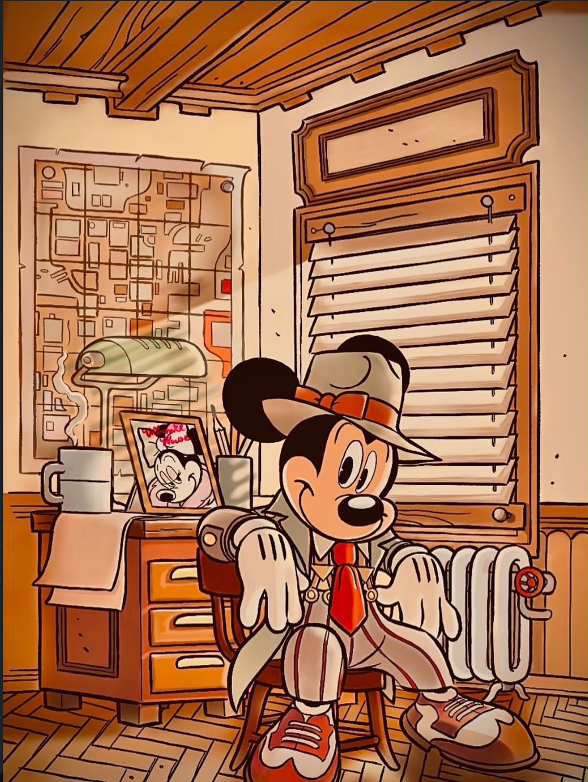 A detective character seated in a warm retro office crossed by venetian-blind light