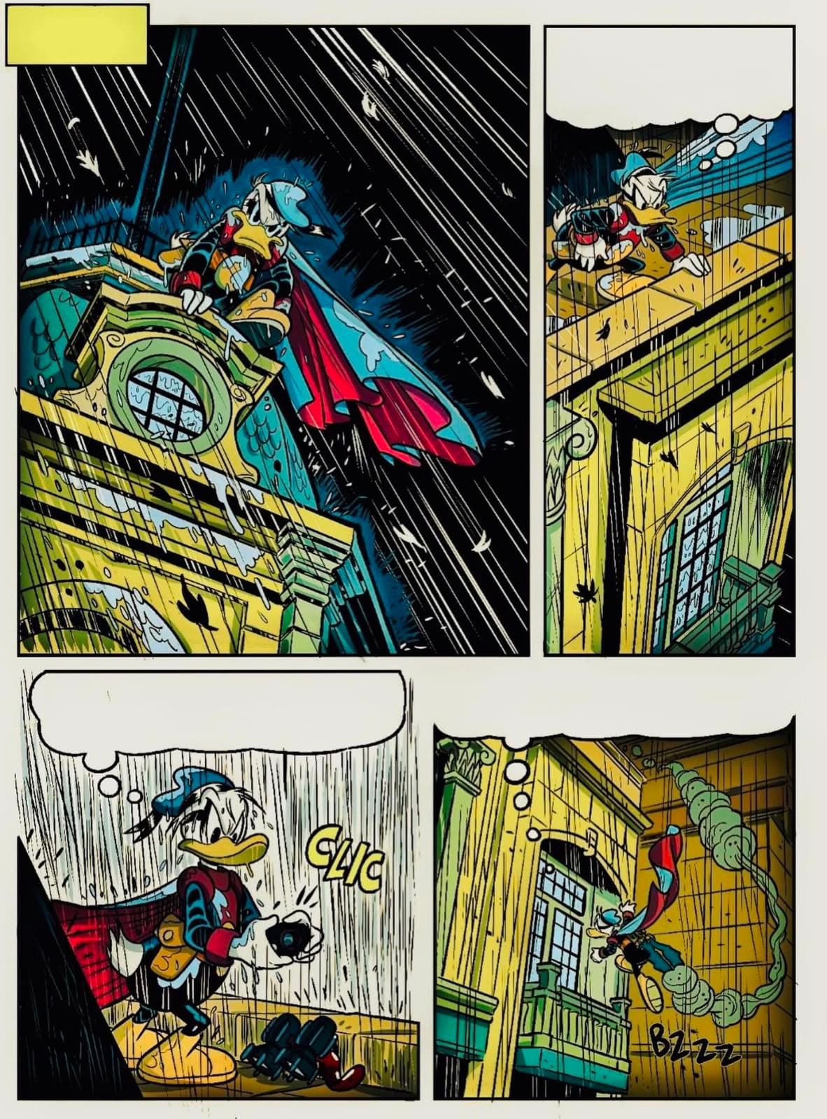 The same Paperinik page in a vivid pop-noir palette